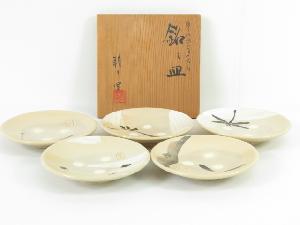 【陶芸・陶器】　朝日焼　銘々皿5枚セット（共箱付）